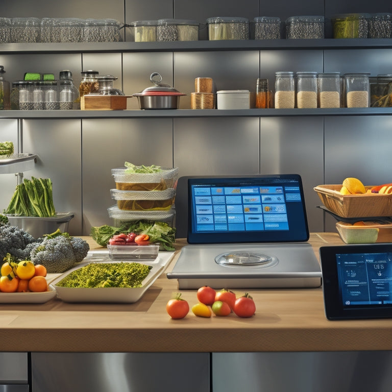 A modern restaurant kitchen with stainless steel shelves, organized stock, and a tablet displaying a digital inventory management system, surrounded by fresh produce and packaged goods.