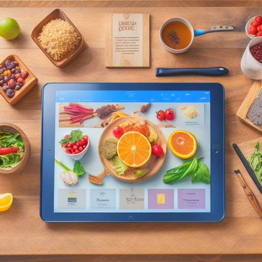 A stylized illustration of a digital tablet surrounded by vibrant, organized recipe cards, utensils, and fresh ingredients, set against a soft, warm kitchen background with subtle wood accents.