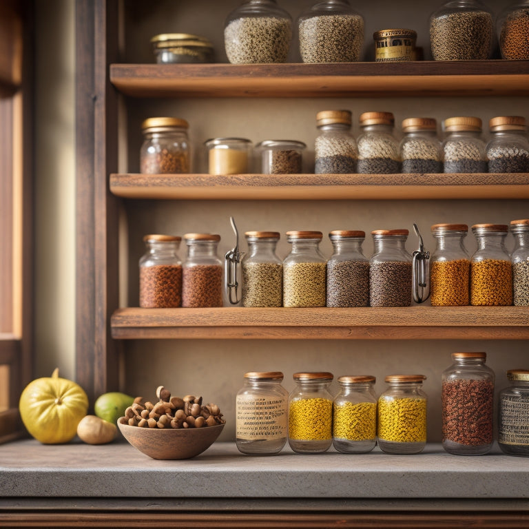 A rustic wooden spice rack with ornate metal handles, adorned with 10-12 glass jars of varying shapes and sizes, each filled with a different colorful spice, against a warm, creamy kitchen backdrop.