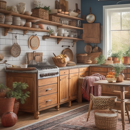 A warm and inviting kitchen with a mix of modern and vintage elements, featuring a repurposed wooden island, retro-style appliances, and open shelving with woven baskets and decorative ceramics.