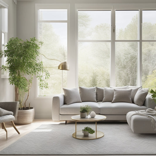 A bright, modern living room with a neutral color palette, minimal decor, and plenty of natural light pouring in through large windows, showcasing a sleek, clutter-free space.