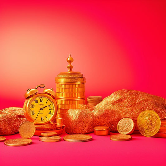 A bright yellow background with a large, red, glossy alarm clock in the center, surrounded by scattered gold coins, with a few coins spilling out of a torn-open treasure chest in the foreground.