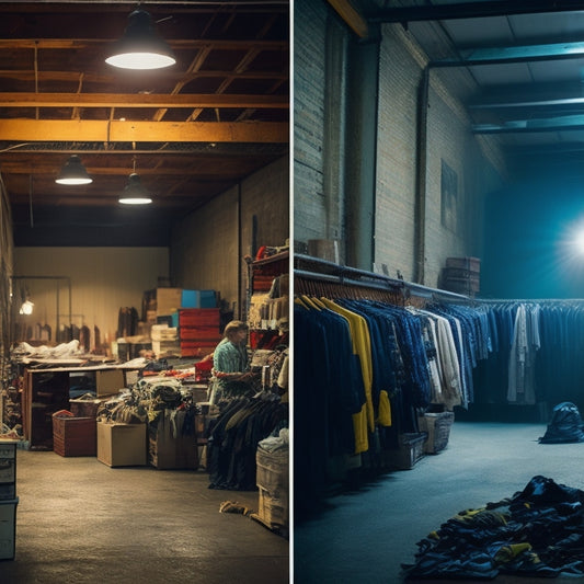 A split-screen image: a messy, dimly lit warehouse with clothes scattered everywhere on one side, and a pristine, well-lit storefront with perfectly arranged clothes on the other.