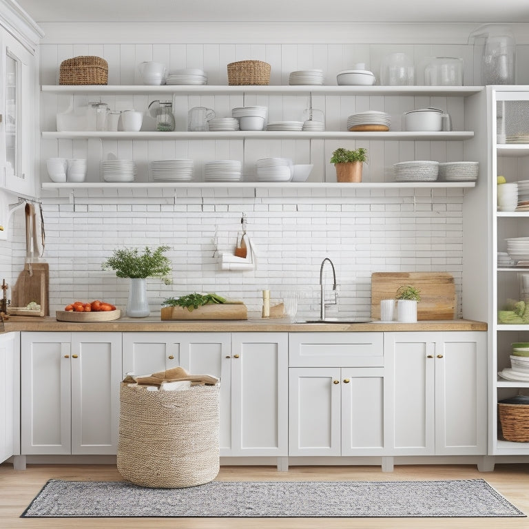 A bright, modern kitchen with sleek white cabinets, a large island, and a few open shelves, featuring a variety of storage solutions, including baskets, bins, and a pegboard with utensils.