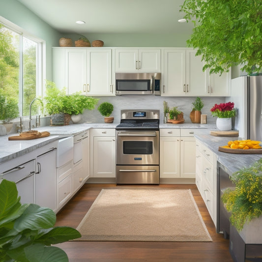 A serene, well-organized kitchen with sleek white cabinets, gleaming stainless steel appliances, and a spacious island with a built-in cooktop, surrounded by a few strategically placed, lush green plants.