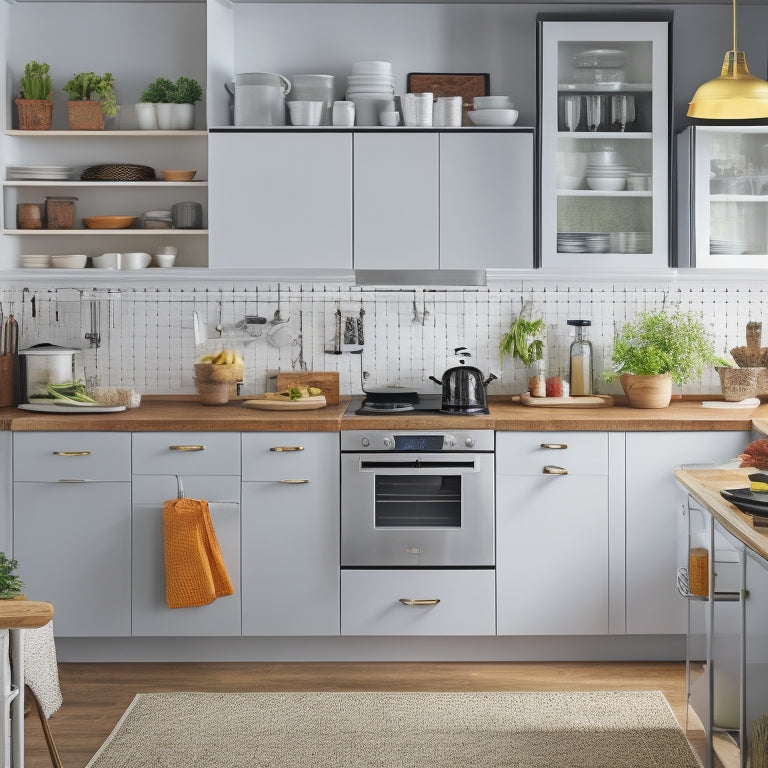 A tidy, compact kitchen with a few sleek appliances, a few open shelves with neatly arranged cookbooks and utensils, and a smartphone with a decluttering app open on the screen.