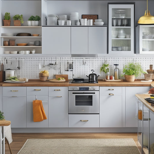 A tidy, compact kitchen with a few sleek appliances, a few open shelves with neatly arranged cookbooks and utensils, and a smartphone with a decluttering app open on the screen.