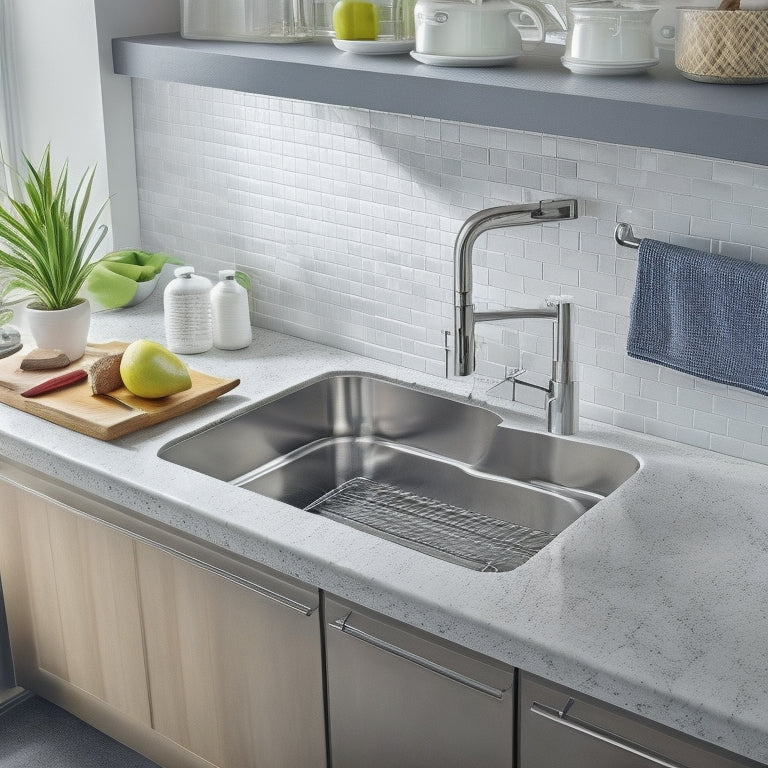 A tidy, modern kitchen sink area with a sleek, chrome faucet and a LAMU under-sink organizer system installed, featuring adjustable shelves and baskets, surrounded by gleaming countertops and a subtle tile backsplash.