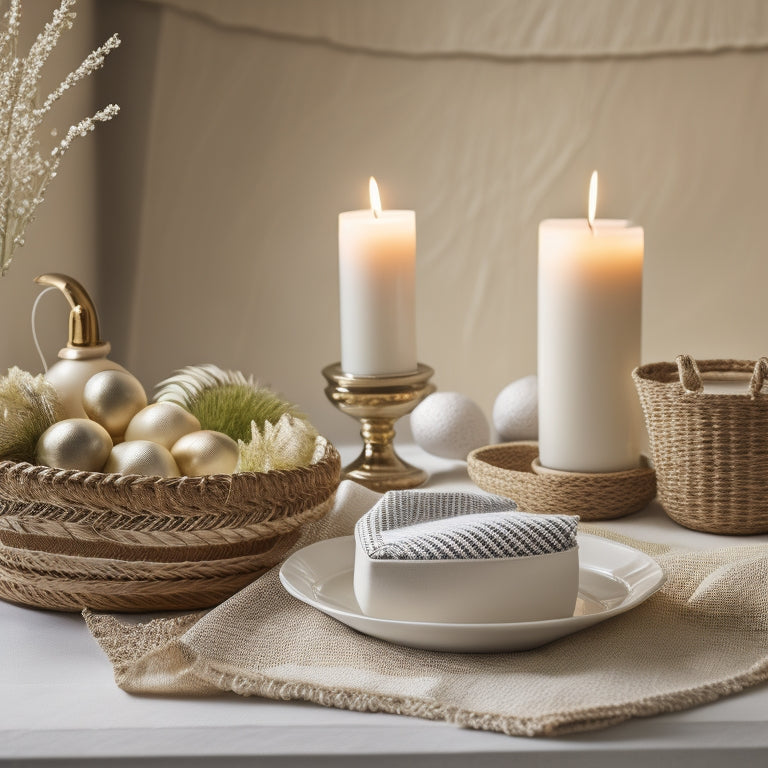 A beautifully styled, elegantly lit, and inviting table setting featuring a curated selection of hostess gifts, including a woven basket, scented candles, and a decorative vase, on a crisp white linen tablecloth.