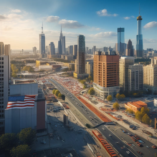 Aerial view of a bustling city with cranes and construction sites, surrounded by green spaces and modern infrastructure, with a subtle American flag waving in the top-left corner.