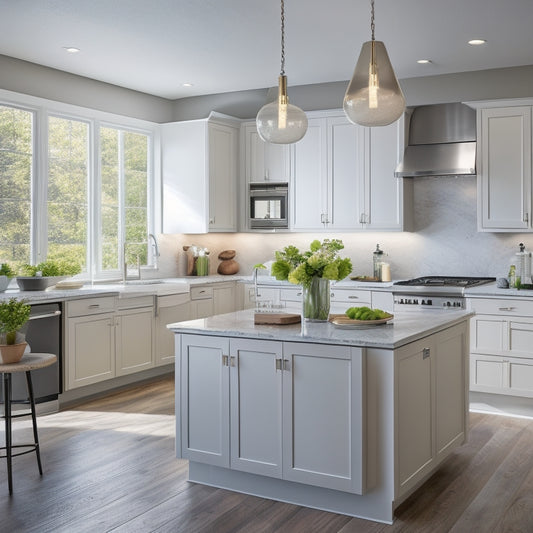 A sleek, modern kitchen with creamy white cabinets, stainless steel appliances, and a large center island featuring a built-in cooktop, surrounded by warm, natural light and subtle shadows.