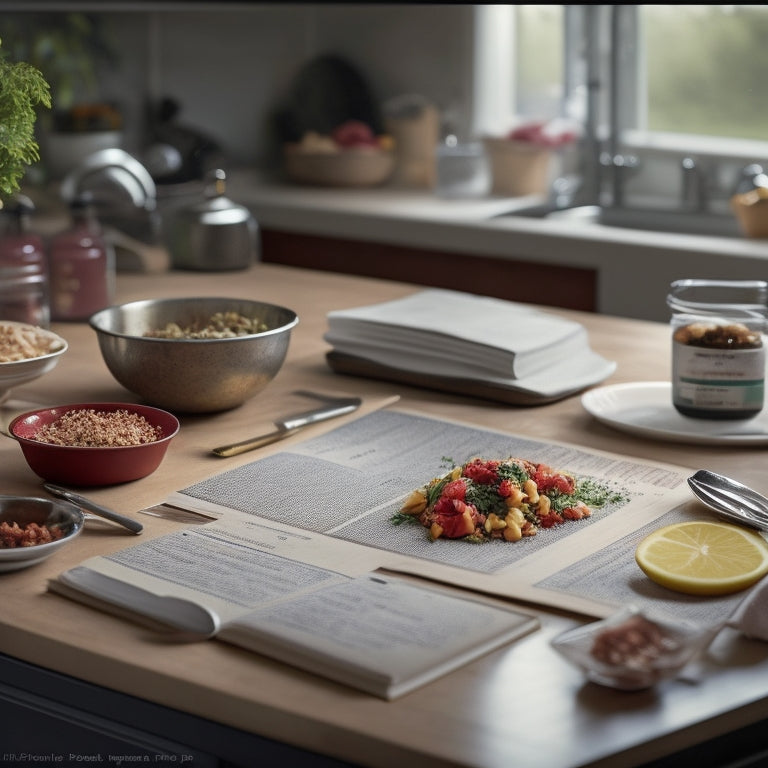 A cluttered kitchen counter with a half-opened cookbook, a messy calendar, and a few expired ingredients scattered around a small, sad-looking meal prep container.