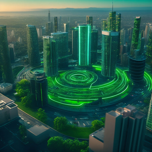 A futuristic cityscape with sleek skyscrapers and green spaces, featuring a massive, glowing recycling symbol at the center, surrounded by swirling lines of code and robots sorting waste into color-coded bins.