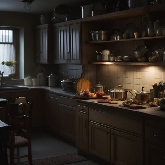 A dimly lit kitchen with a single cabinet door slightly ajar, revealing a cluttered interior with dusty containers, expired food, and a few mysterious shadows.