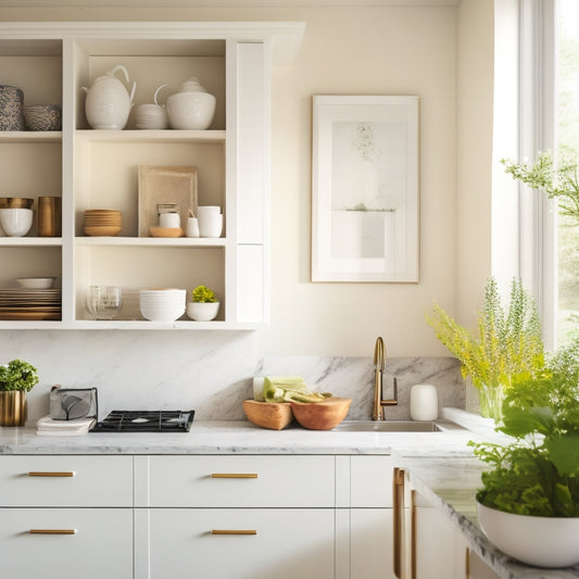 A serene, well-lit kitchen with gleaming white countertops, minimalist cabinetry, and a few, carefully arranged cookbooks on a built-in shelf, surrounded by ample negative space.