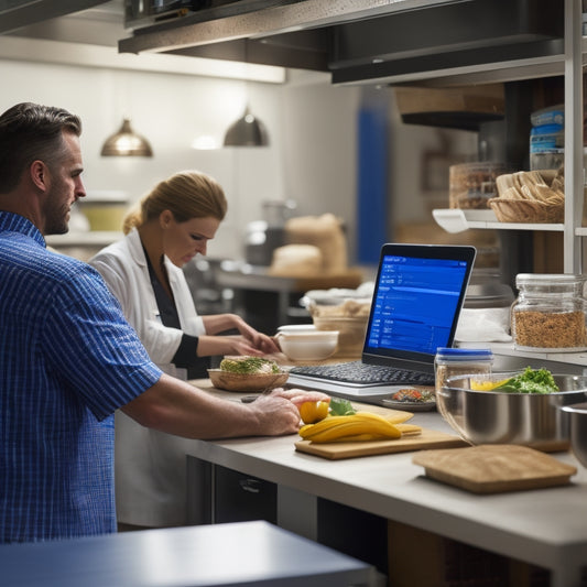 A bustling kitchen with a chef reviewing a digital tablet, surrounded by organized shelves with labeled bins, a inventory management software screen in the background, and a clock ticking in the corner.