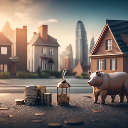 An illustration of a person standing in front of a sold home with a key in hand, surrounded by coins and a piggy bank, with a subtle cityscape in the background, symbolizing financial gain.