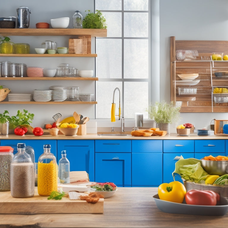 A bright, modern kitchen with a bustling atmosphere, featuring a diverse array of colorful, freshly prepared meals in containers, surrounded by utensils and recipe cards on a large, wooden table.