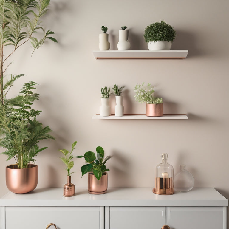 A minimalist interior scene featuring a wall-mounted copper shelf with ornate metal brackets, adorned with a few decorative vases and a potted plant, set against a soft, creamy white background.