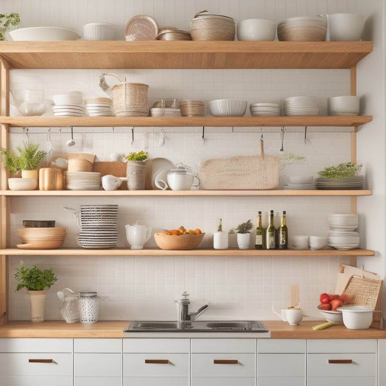 A bright, airy kitchen with a minimalist aesthetic, featuring a utensil organizer on the counter, a pegboard on the wall, and a few, carefully selected cookbooks on a wooden shelf.