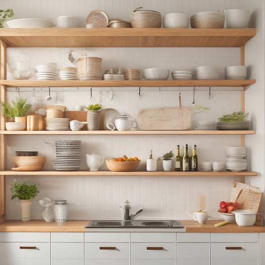 A bright, airy kitchen with a minimalist aesthetic, featuring a utensil organizer on the counter, a pegboard on the wall, and a few, carefully selected cookbooks on a wooden shelf.