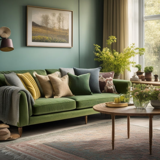 A serene, sunlit living room with a plush, second-hand velvet sofa in moss green, paired with DIY throw pillows, a refurbished wooden coffee table, and a vase with fresh wildflowers.