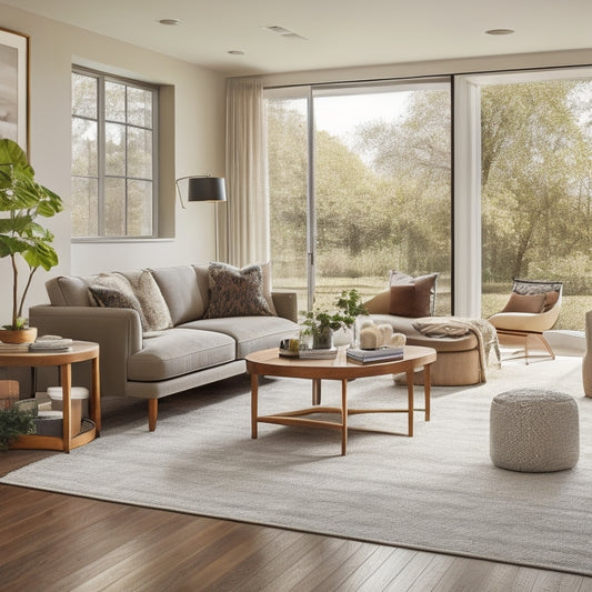 A bright, modern living room with large windows, featuring San Rafael's dark hardwood flooring, paired with a plush area rug, and sleek, low-profile furniture in a calming neutral color palette.