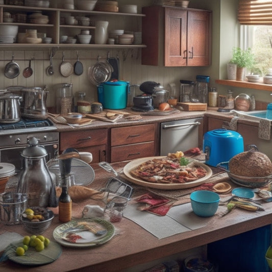 A cluttered kitchen scene with countertops overflowing with appliances, utensils, and cookbooks, amidst a backdrop of dirty dishes, scattered recipe papers, and a sense of chaotic disarray.