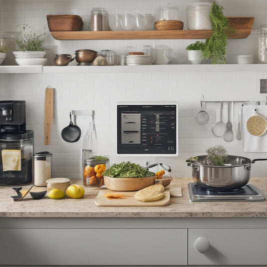 A tidy, modern kitchen with a large island, utensils organized in a pegboard, a tablet propped on a stand displaying a paused cooking video, and a half-prepared meal on the counter.