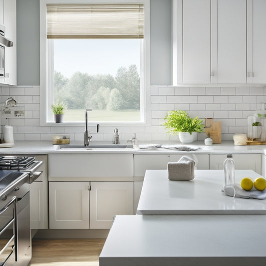 A bright, modern kitchen with gleaming white countertops, a few subtle scratches, and a faint water ring stain, surrounded by cleaning supplies, a sponge, and a microfiber cloth.