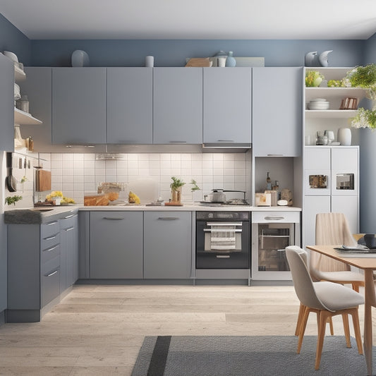 A cramped, L-shaped kitchen with limited counter space, cluttered with cooking utensils and appliances, contrasted with a sleek, modern design solution featuring a compact island, wall-mounted shelves, and a hidden trash can.