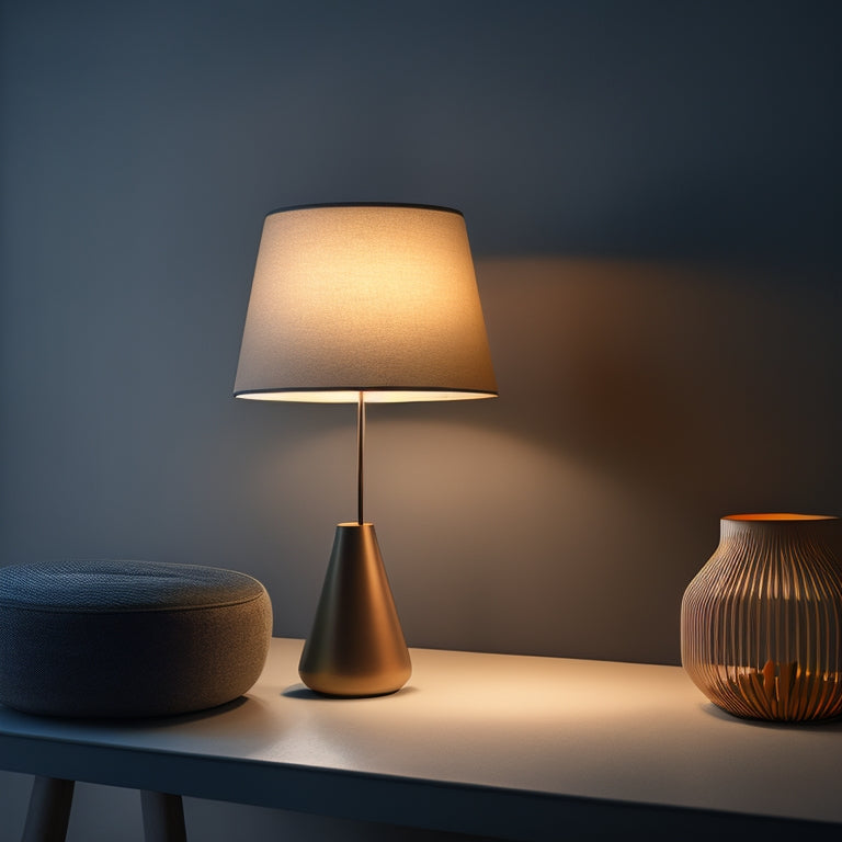 A serene, minimalist scene featuring a stylish lamp with a removable shade on a side table, surrounded by various shade options in different shapes, sizes, and materials.