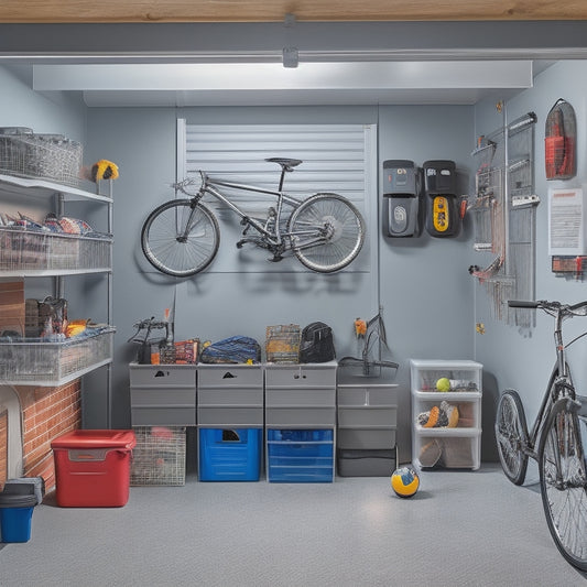 A cluttered garage transforms into an organized space, with sleek, gray storage cabinets lining the walls, accompanied by suspended bike racks, and a few balls and toys neatly stored in labeled bins.