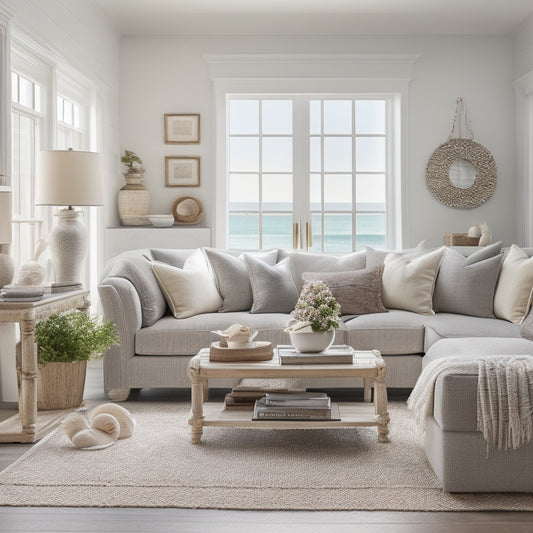 A serene, sunlit living room with a staged coastal theme: plush sectional sofa in light gray, driftwood coffee table, and a few strategically placed seashells and nautical accents.
