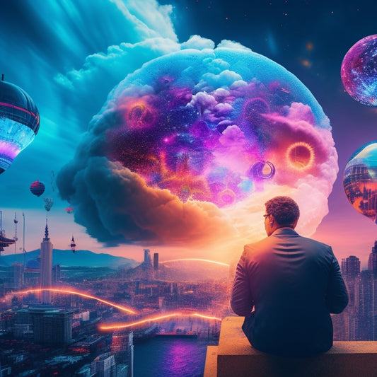 A futuristic, neon-lit cityscape with gears, cogs, and lightbulbs bursting out of a giant content creator's brain, surrounded by swirling clouds of colorful, abstract ideas.