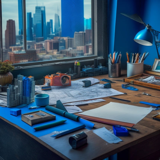 A cluttered desk with crumpled blueprints, scattered pencils, and a broken pencil sharpener, surrounded by a cityscape with buildings in disarray, contrasted with a neat, organized drafting table in the background.