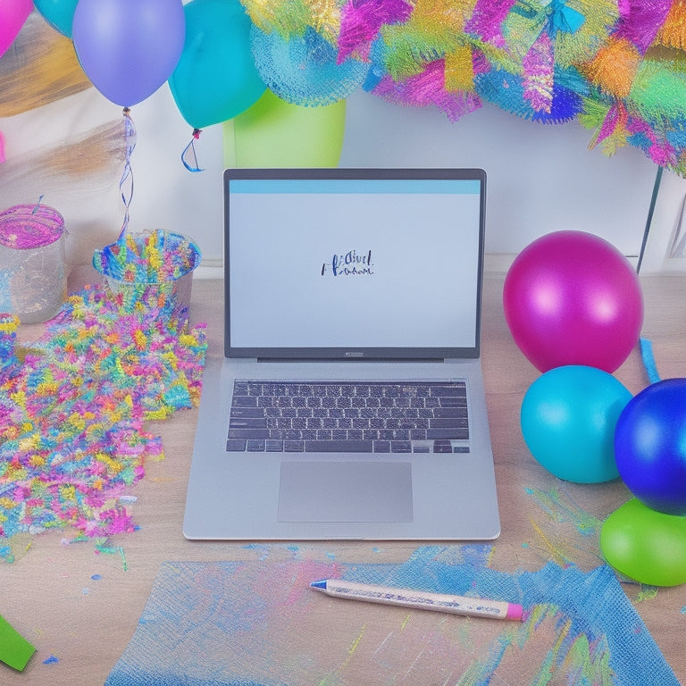 A colorful, organized, and clutter-free workspace with a laptop, notebook, and pen surrounded by party-themed items like balloons, streamers, and confetti, with a hint of a shopping list on the laptop screen.