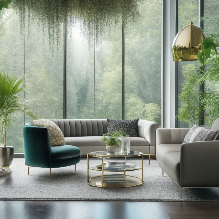 A luxurious modern living room with a sleek, minimalist sofa, floor-to-ceiling windows, and a statement chandelier, surrounded by tastefully arranged decorative accents and lush greenery.