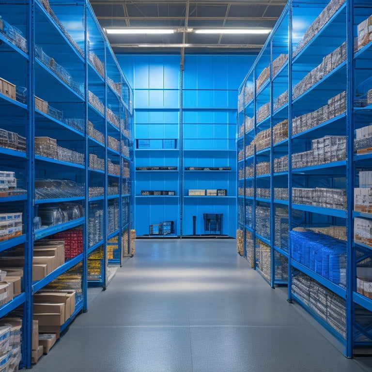 A modern, sleek warehouse with rows of shelves stocked with various MORryde products, including RV steps, entry steps, and tie-downs, lit by bright, overhead lighting and a subtle gradient of blue tones.