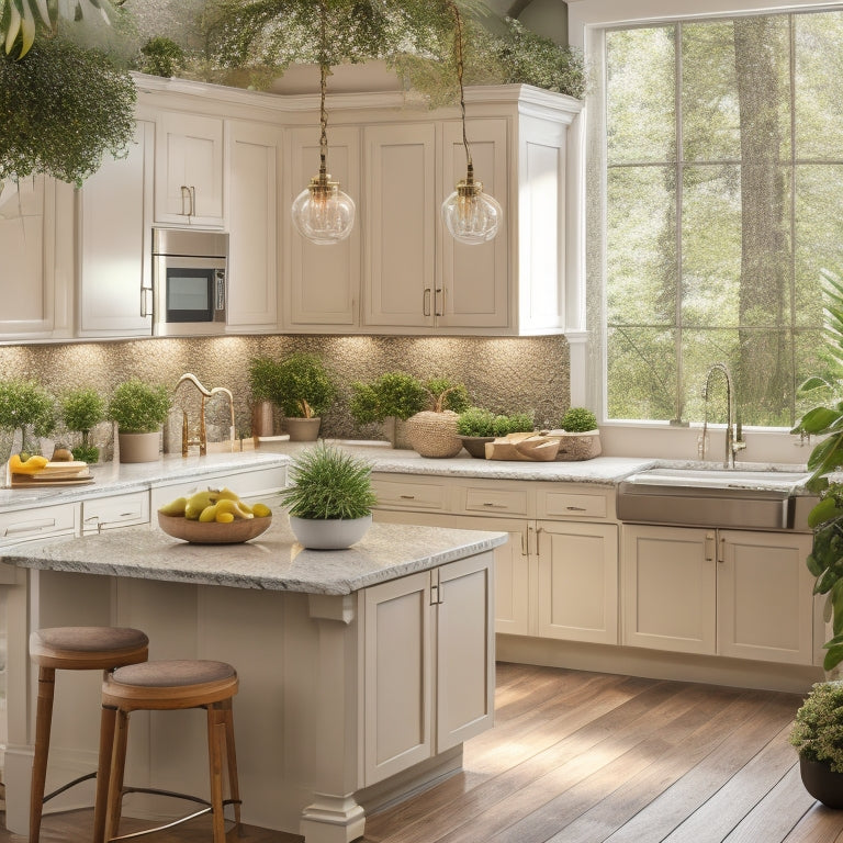 A serene kitchen oasis with warm beige cabinets, gleaming quartz countertops, and a large island illuminated by pendant lights, surrounded by lush greenery and a subtle water feature in the background.