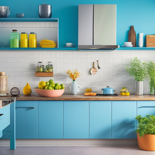 A bright, modern kitchen with a clean countertop, utensils arranged in a decorative vase, a labeled spice rack, a utensil organizer on the wall, and a few sleek appliances in the background.