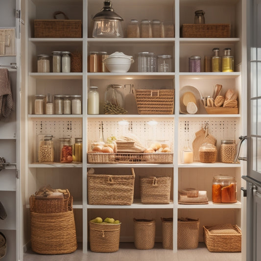 A tidy kitchen pantry with soft, warm lighting, featuring a pegboard with baskets and utensils, a lazy Susan corner, and a shelf with labeled glass jars and a few cookbooks stacked vertically.