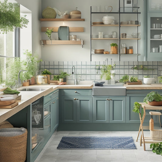 A bright, modern kitchen with a tidy island, a few strategically-placed storage baskets, and a sparkling clean sink area, surrounded by a few well-organized utensils and a single, lush green plant.