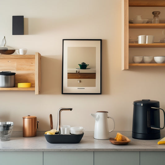 A minimalist kitchen with a sleek, modern aesthetic, featuring a tablet mounted on the wall, a smart coffee maker, and a tidy utensil organizer, surrounded by sparse, curated cookbooks.