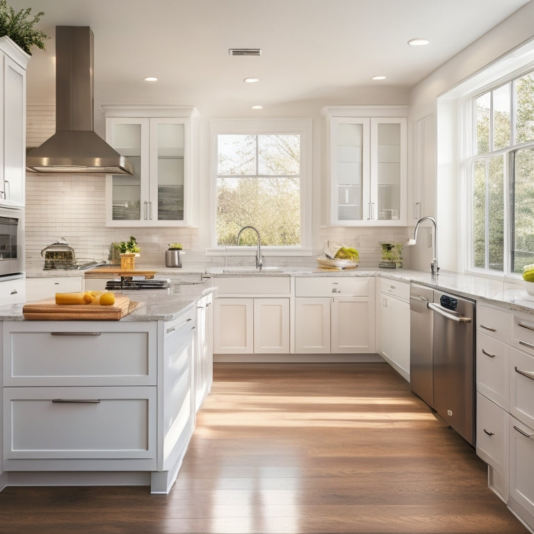 A bright, modern kitchen with sleek white cabinets, stainless steel appliances, and a large island in the center, surrounded by warm, rustic hardwood flooring and soft, natural light pouring in through large windows.