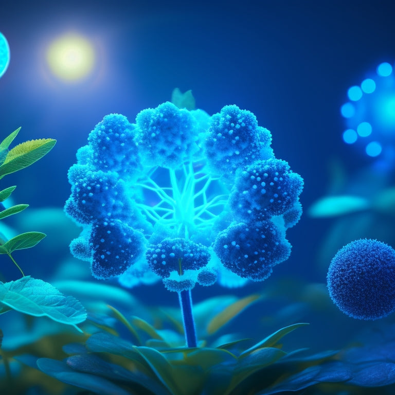 A stylized, futuristic illustration of a growing plant with glowing, interconnected nodes, surrounded by orbiting gears, cogs, and sparks, set against a dark blue background with subtle grid patterns.