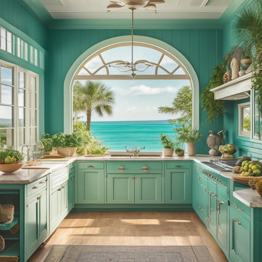 A serene, sun-kissed island kitchen with polished wooden floors, aqua-green cabinets, and a large, arched window framing a turquoise ocean view, surrounded by lush greenery and tropical flowers.