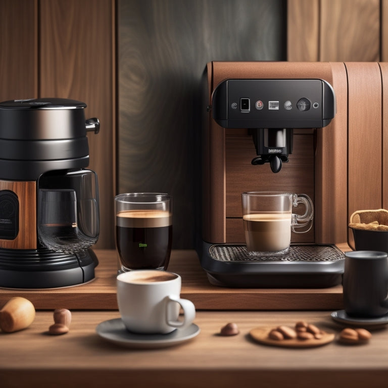 A modern, sleek Nespresso machine sits on a wooden countertop, surrounded by various wooden pod holders in different shapes, sizes, and wood grain patterns, with CNC-cut details and subtle shadows.