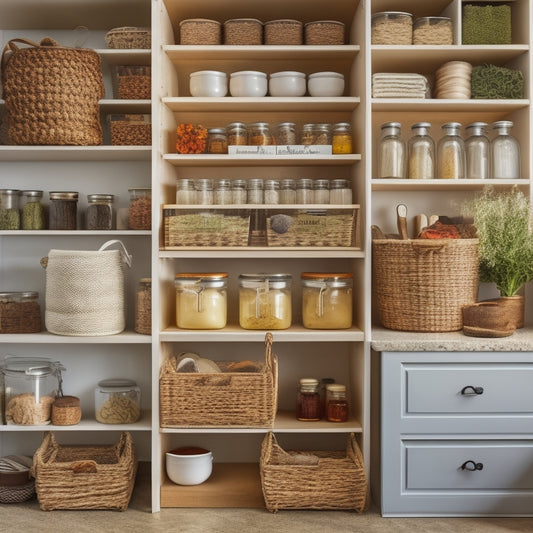 A tidy pantry with white shelves, clear glass jars filled with labeled spices, and baskets containing neatly rolled towels, surrounded by a few potted herbs and a small, wooden utensil holder.