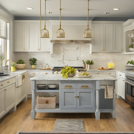 A modern, bright, and airy kitchen with a mix of cabinet styles, finishes, and hardware, featuring a large island with a contrasting countertop, surrounded by eclectic decorative accents.